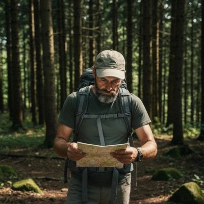 Person checking a map and compass on a hiking trail