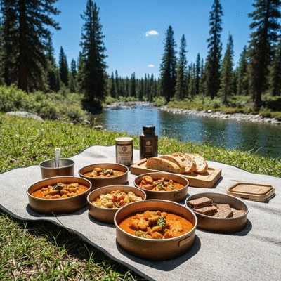 Variety of no-fridge camping food options laid out on a picnic blanket in a natural setting