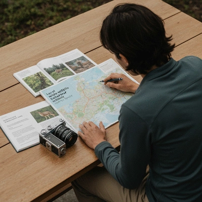 Person studying a map and guidebooks about local wildlife before a hike