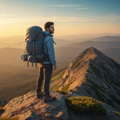 Backpacker with a large backpack standing on a mountain peak overlooking a vast national park landscape during sunset
