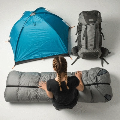 Person examining backpacking gear, tent, backpack, and sleeping bag laid out, clean image