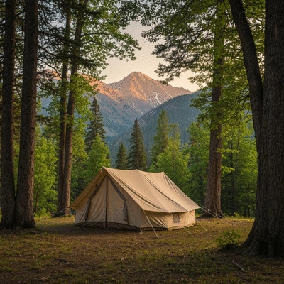 Tent setup in a national forest with mountains in background