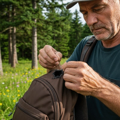 Person sewing a tear in a hiking backpack, demonstrating DIY repair, clean image
