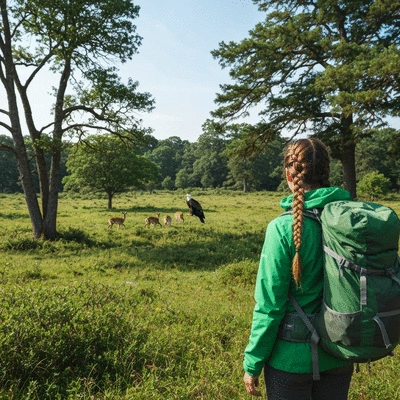 Hiker observing wildlife from a safe distance in a beautiful natural landscape