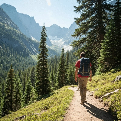 Backpacker walking on a scenic trail in a national park with mountains and lush forests in the background