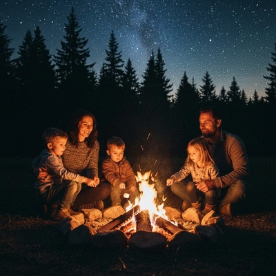 Family sitting around a campfire at dusk