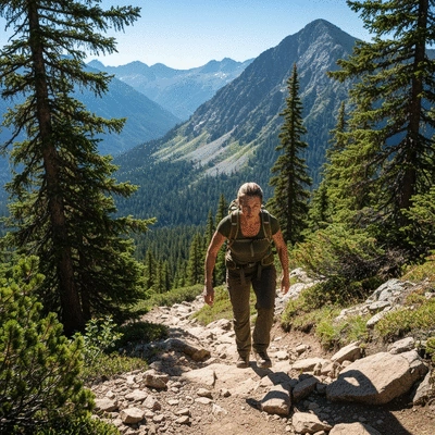 Person hiking on a challenging trail, demonstrating good physical fitness