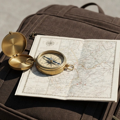 Close-up of a compass and map on a textured backpack, symbolizing discovery and planning, no text, no words, no typography, no labels, clean image