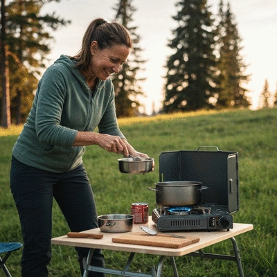 Camper preparing a simple no-fridge meal over a portable stove in a picturesque outdoor setting