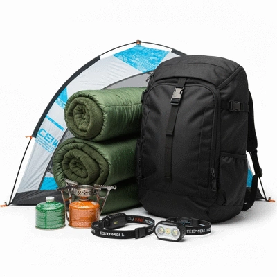 Assortment of modern camping gear neatly piled on a white background