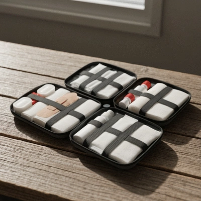 Compact wilderness first aid kit laid open on a wooden surface with organized medical supplies