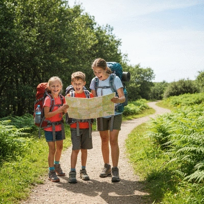 Family with two young children hiking on a trail, looking at a map, smiling, with backpacks, clear weather, no text, no words, no typography, 8K