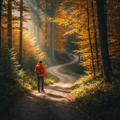 Hiker on a trail in a vibrant autumn forest