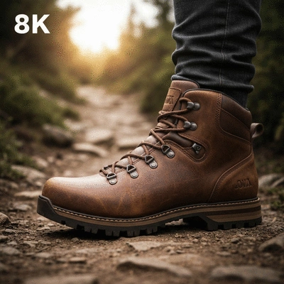 Close-up of a pair of sturdy hiking boots on a rocky trail with blurred natural background