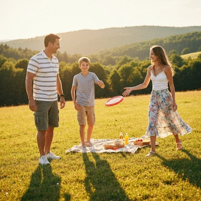 Happy family laughing and enjoying a hike in nature