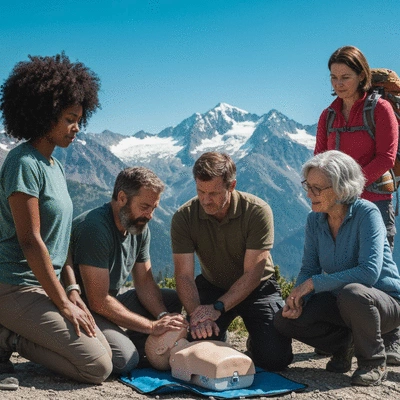 Diverse group of hikers learning wilderness first aid techniques in a scenic outdoor setting