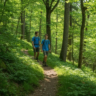 Person hiking on a moderate trail, scenic views, natural lighting