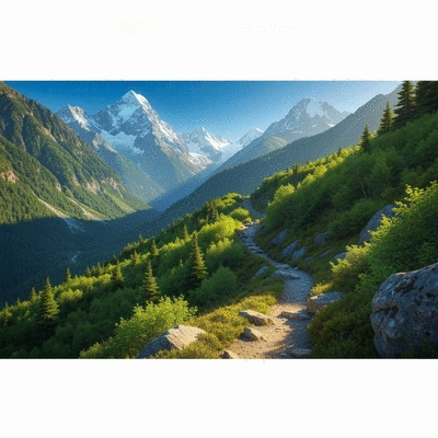 Panoramic view of a scenic hiking trail with mountains and a clear sky