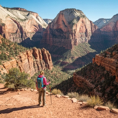 A hiker standing on a trail overlooking a vast canyon in Zion National Park