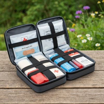 Close-up of a well-stocked hiking first aid kit, with various medical supplies visible, on a natural background.