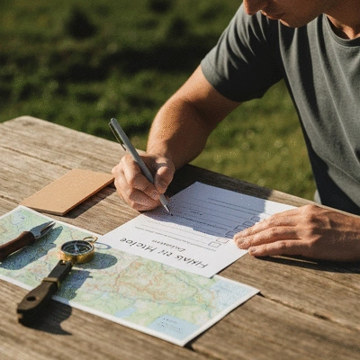 A person writing on a personalized hiking checklist with a pen on a wooden table, surrounded by hiking gear
