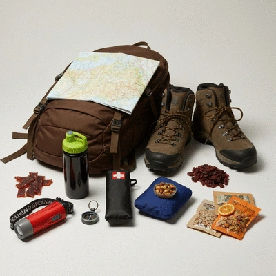 Flat lay of essential hiking gear: backpack, boots, map, water bottle