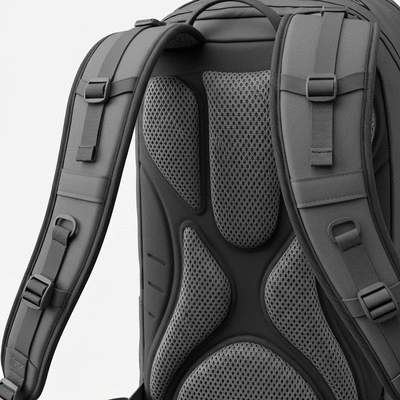 Close-up view of a hiking backpack's back panel showing advanced mesh ventilation technology, with ergonomic padding and air channels, no text, no words, no typography, 8K