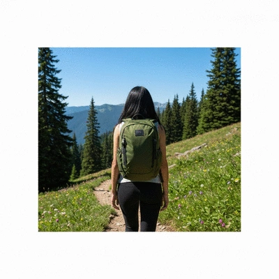 Person wearing a budget-friendly hiking backpack, walking on a scenic trail