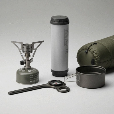 Close-up of essential backpacking gear laid out on a clean background