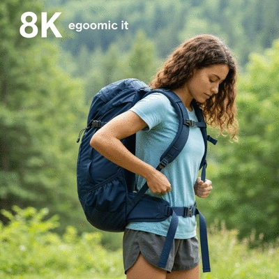 Person adjusting straps on a hiking backpack in a scenic outdoor setting