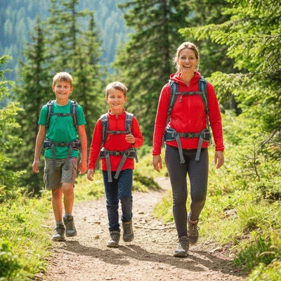 Family hiking on a scenic trail, happy and engaged