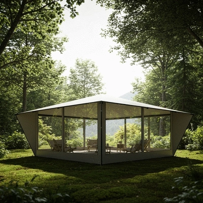 Modern camping tent set up in a beautiful natural landscape, no text, no words, no typography, clean image