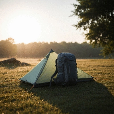 Ultralight camping setup with tent and backpack in a natural landscape