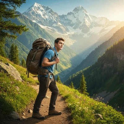 Person hiking on a scenic trail with a backpack, enjoying nature, no text, no words, no typography, no labels, clean image