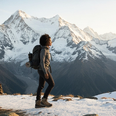 Hiker on a secluded trail overlooking a breathtaking panoramic view, surrounded by diverse nature