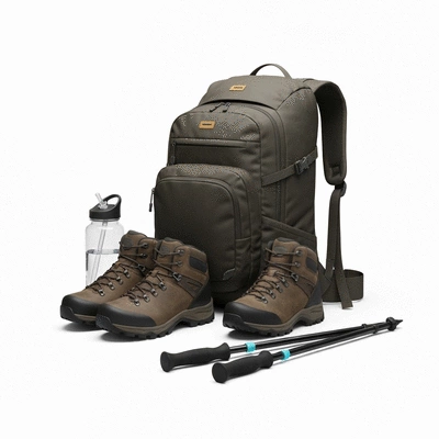 Variety of hiking gear laid out on a clean background, including a backpack, boots, and water bottle