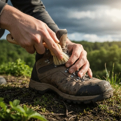 Hands cleaning a hiking boot with a brush, showing proper aftercare, outdoor background