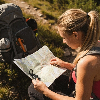 Person using a map and compass on a hiking trail, with a backpack in the background, showing preparation and navigation skills.
