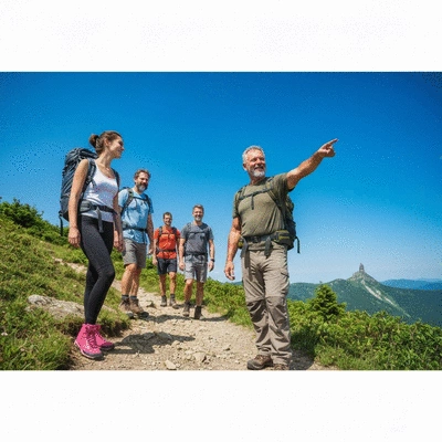 Group of hikers with a guide on a scenic mountain trail, no text, no words, no typography, 8K