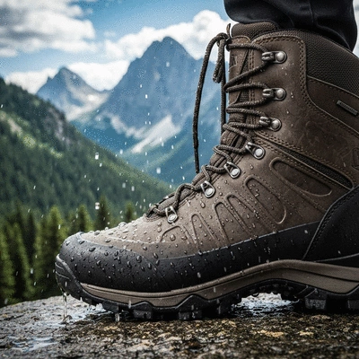 Close-up of waterproof hiking boots with water beading on the surface, rugged outdoor background
