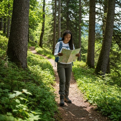 Hiker looking at a map and compass on a scenic trail