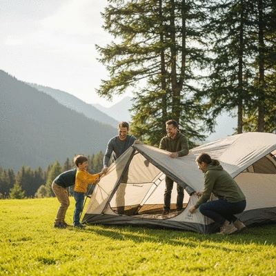 Family setting up a tent at a campsite