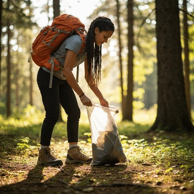 Hiker demonstrating proper waste disposal by packing out trash in a forest