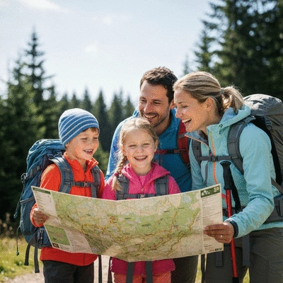 Family with two children looking at a trail map together, smiling, with hiking gear, sunny day, no text, no words, no typography, 8K
