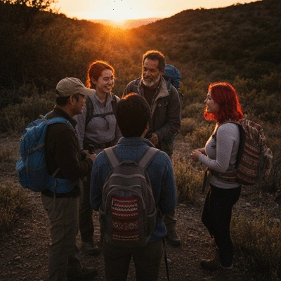 A diverse group of hikers gathered around a campfire at sunset