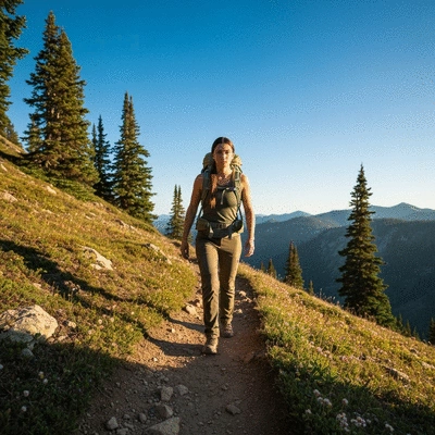 Female hiker with ultralight backpack on a scenic mountain trail
