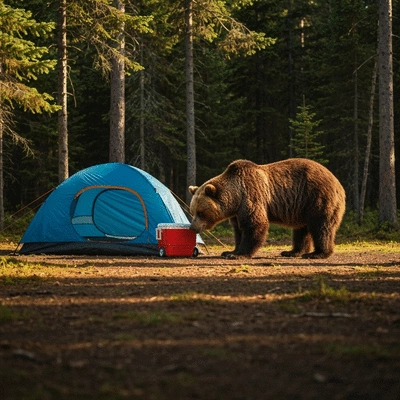 Bear sniffing around a campsite with a tent and cooler