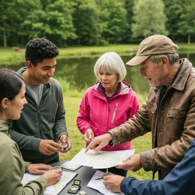Group of people learning navigation skills in an outdoor workshop