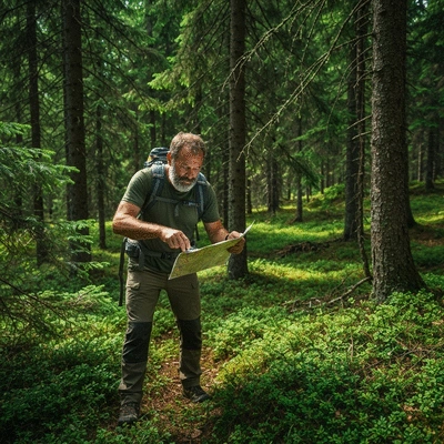 Person using a compass and topographic map in a wilderness setting