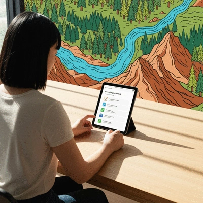 Person using a tablet to view a digital backpacking checklist, clean image